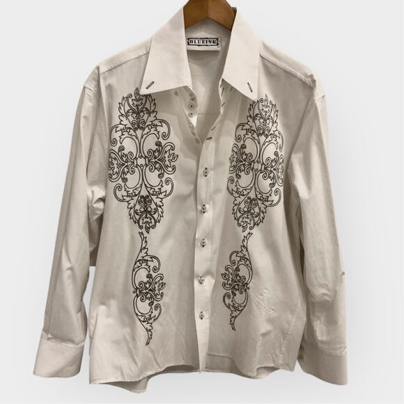 Embroidered white button-down shirt, mens large long sleeve pointed collar shirt - Picture 8 of 8